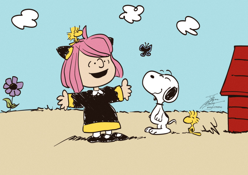 1girl animal anya_(spy_x_family) beagle bird black_dress blue_sky bug butterfly charles_schulz_(style) cloud crossover day dog doghouse dress fadingz flower insect outdoors peanuts_(comic) purple_flower signature sky snoopy spy_x_family woodstock