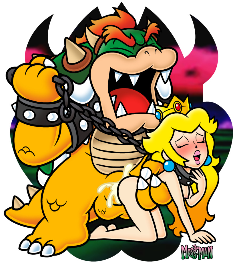 1boy 1girl barefoot blonde_hair bowser chain chain_leash completely_nude crown cum cum_in_pussy cum_overflow highres holding holding_leash huge_penis leash mario_(series) nintendo nude penis princess_peach self-upload sex sex_from_behind size_difference the_moss-man
