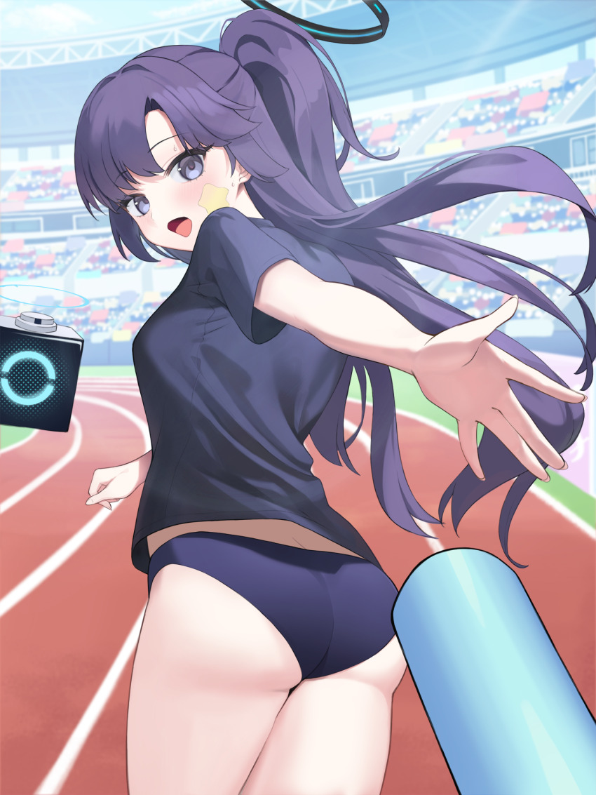 1girl 2kasa_(2_kasame) ai-assisted ass black_shirt blue_archive blue_buruma blue_eyes blush breasts buruma butt_crack commentary from_behind gym_uniform half_updo halo highres long_hair looking_at_viewer looking_back mechanical_halo medium_breasts no_jacket official_alternate_costume official_alternate_hairstyle outdoors playing_sports ponytail pov purple_hair reaching reaching_towards_viewer relay_baton running running_track shirt short_ponytail short_sleeves solo stadium star_sticker sticker_on_face t-shirt twisted_torso yuuka_(blue_archive) yuuka_(track)_(blue_archive)