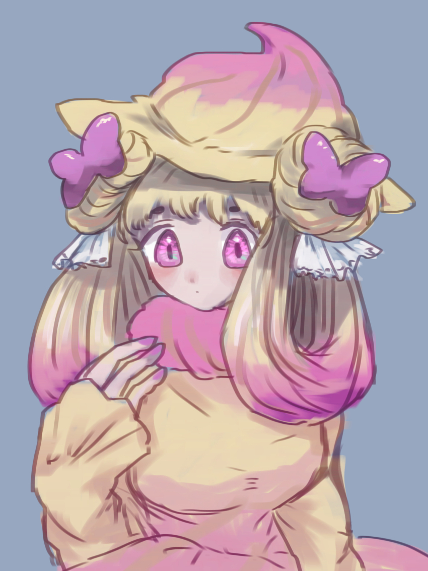 1girl alcremie alcremie_(ribbon_sweet) alcremie_(ruby_swirl) blonde_hair blush bow breasts butter_(oshi8kyoumoh) closed_mouth donut_hair_bun dot_mouth double_bun dress female_focus fur_collar gen_8_pokemon gradient_hair grey_background hair_bow hair_bun hair_rings hand_on_own_chest hand_up hat highres humanization large_breasts long_hair long_sleeves looking_at_viewer multicolored_hair nail_polish nintendo pink_eyes pink_hair pink_hat pink_nails pokemon purple_bow simple_background solo two-tone_hair two-tone_headwear upper_body yellow_dress yellow_hat