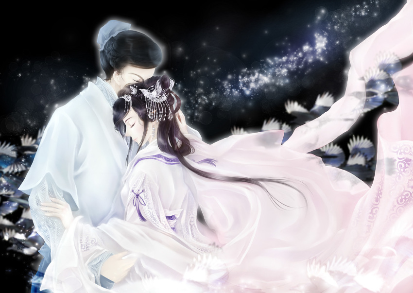 1boy 1girl black_background black_hair braid brown_hair closed_eyes hair_bun hair_ornament hetero hikoboshi imminent_hug long_hair milky_way original orihime_(tanabata) see-through_clothes single_hair_bun star_(sky) tanabata wide_sleeves wistaria99