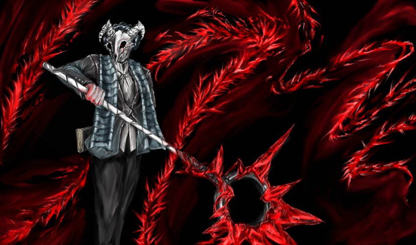 1boy absurdres arm_behind_back black_hair black_pants black_suit blood blood_on_clothes blood_on_face blood_on_hands book collared_shirt crystal curiambro_(project_moon) faceless formal_clothes hair_slicked_back hen_na high_collar highres holding holding_book holding_staff holding_weapon limbus_company long_sleeves looking_at_viewer male_focus mask neck_ribbon pants project_moon red_eyes ribbon shirt solo staff stole striped_clothes striped_shirt suit upper_body weapon white_shirt