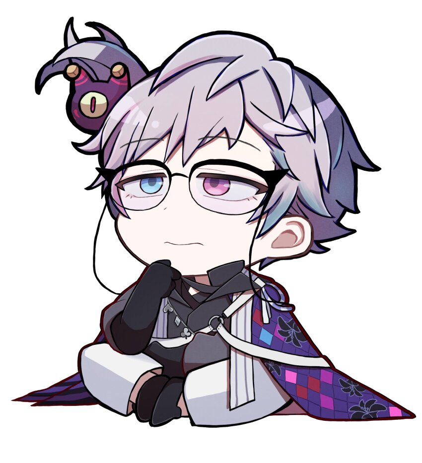 1boy bettel_2_(gavis_bettel) black_gloves blue_eyes blue_hair chibi chibi_only commentary creature glasses gloves grey_hair hand_on_own_chin heterochromia highres holostars holostars_english jacket jacket_on_shoulders male_focus multicolored_hair pants phantom_(gavis_bettel) pink_eyes pink_hair ponytail russell_(rrrrrrz9) short_hair short_ponytail sitting solo stroking_own_chin virtual_youtuber white_background white_pants