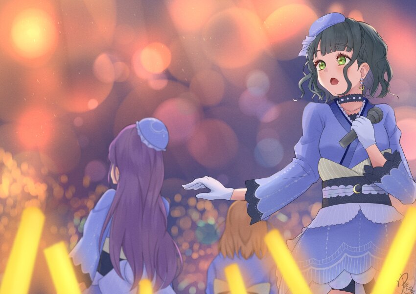 3girls 3rd_live_tour_try_tri_unity!!! :o absurdres beret bike_shorts bike_shorts_under_skirt black_hair black_shorts blue_hat blue_kimono blue_skirt blunt_bangs blurry bokeh cerise_bouquet collarbone commentary_request cowboy_shot crescent crescent_earrings depth_of_field earrings genyo_yako gloves glowstick green_eyes hat highres hinoshita_kaho holding holding_microphone japanese_clothes jewelry kimono link!_like!_love_live! long_hair long_sleeves love_live! lyrics microphone mini_hat miniskirt momose_ginko multiple_girls official_alternate_costume open_mouth orange_hair otomune_kozue penlight_(glowstick) purple_hair short_hair shorts signature skirt solo_focus tilted_headwear tsukuyomi_kurage two_side_up ultra_orange virtual_youtuber wavy_hair white_gloves yukippe_24
