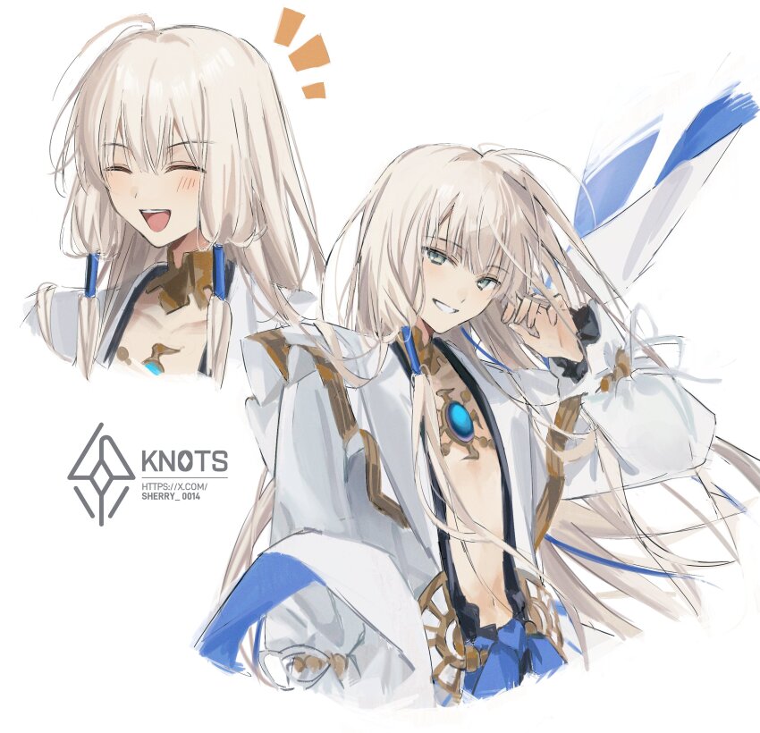 1boy absurdres blonde_hair blue_gemstone cropped_shoulders english_text fate/grand_order fate_(series) gem gold_choker green_eyes grin hair_tubes highres jewelry light_blush long_hair long_sidelocks low-tied_sidelocks male_focus multiple_expressions multiple_views noah_(fate) notice_lines robe sherry_0014 sidelocks sketch smile teeth upper_body upper_teeth_only watermark web_address white_robe