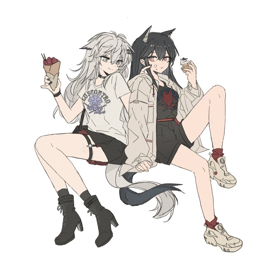 2girls alternate_costume animal_ears arknights black_boots black_hair black_shirt black_shorts black_skirt boots breasts couple crepe eating food food_on_face green_eyes grey_eyes grey_hair grey_jacket hair_between_eyes hair_ornament hairclip high_heel_boots high_heels highres holding holding_food invisible_chair jacket knee_up long_hair medium_breasts multiple_girls open_clothes open_jacket seri_(vyrlw) shirt shoes short_sleeves shorts simple_background sitting skirt smile sneakers tail white_background white_shirt wolf_ears wolf_girl wolf_tail yuri