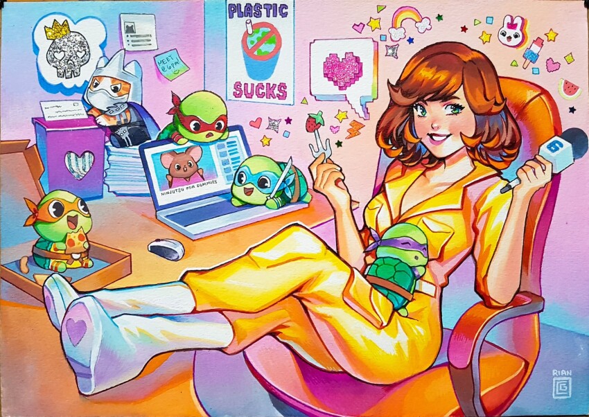 1girl ^_^ april_o&#039;neil artist_name boots breasts brown_hair cat chibi closed_eyes collarbone commentary computer crown donatello_(tmnt) english_commentary english_text food fruit gouache_(medium) green_eyes heart highres holding holding_food holding_microphone holding_pizza holding_sword holding_weapon indoors jumpsuit laptop large_breasts leonardo_(tmnt) looking_at_viewer master_splinter michelangelo_(tmnt) microphone open_mouth painting_(medium) pixelated pizza pizza_box pizza_slice poster_(object) rainbow raphael_(tmnt) rian_gonzales sai_(weapon) shredder_(tmnt) shuriken sitting skull smile solo speech_bubble spoken_heart star_(symbol) sticky_note strawberry sword teenage_mutant_ninja_turtles traditional_media turtle watercolor_(medium) watermelon watermelon_slice weapon yellow_jumpsuit youtube