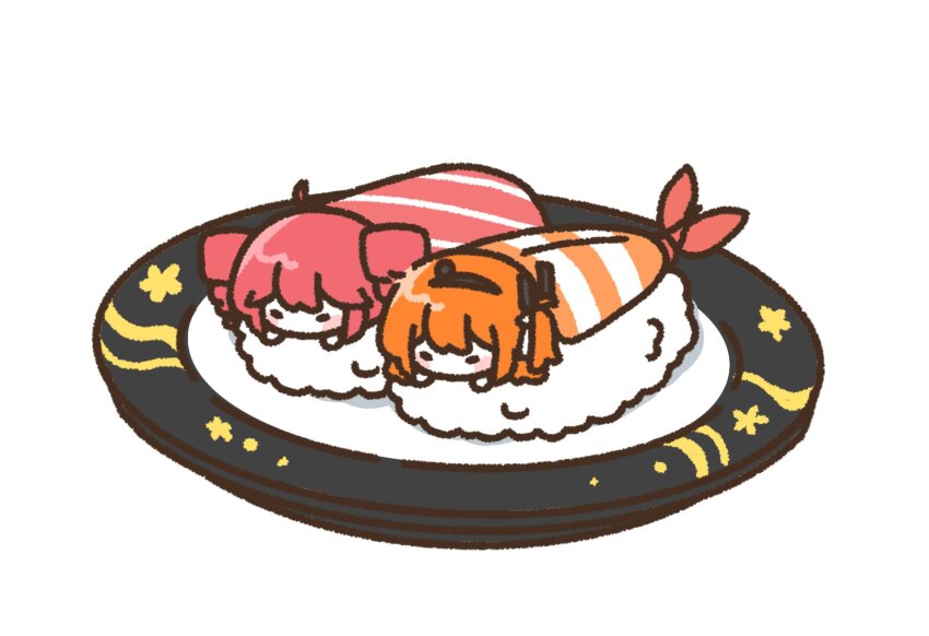 2girls a.i._voice adachi_rei chibi chibi_only drill_hair fish_(food) food highres in_food kasane_teto medium_hair mei_(meiday_mise) mini_person minigirl multiple_girls nigirizushi one_side_up orange_hair plate red_hair rice shrimp simple_background sushi twin_drills utau white_background