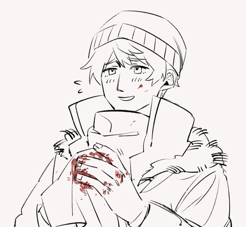 1boy absurdres axis_powers_hetalia blood blood_on_face blood_on_hands blush down_jacket fingernails flying_sweatdrops fur-trimmed_jacket fur_trim hair_between_eyes hand_up handkerchief hat highres holding holding_handkerchief jacket long_sleeves looking_to_the_side male_focus mi_kan1609 monochrome official_alternate_costume open_clothes open_jacket puffy_long_sleeves puffy_sleeves russia_(hetalia) scarf short_hair simple_background smile solo teeth upper_body