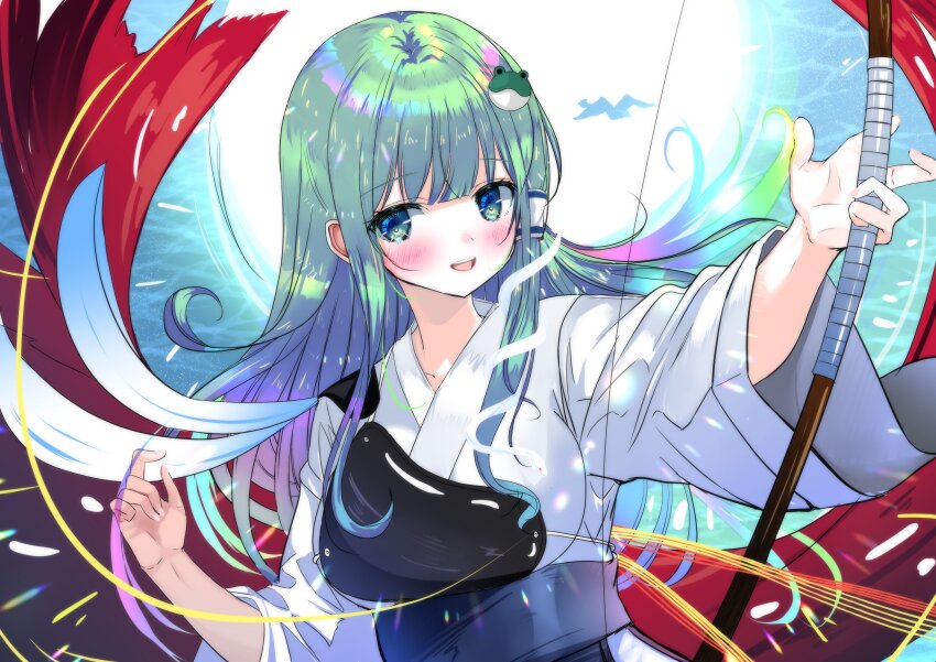 1girl absurdres archery armor blush bow_(weapon) breastplate frog_hair_ornament green_eyes green_hair hair_ornament hair_tubes highres kochiya_sanae long_hair single_hair_tube tomo_(uguisu-tei) touhou weapon