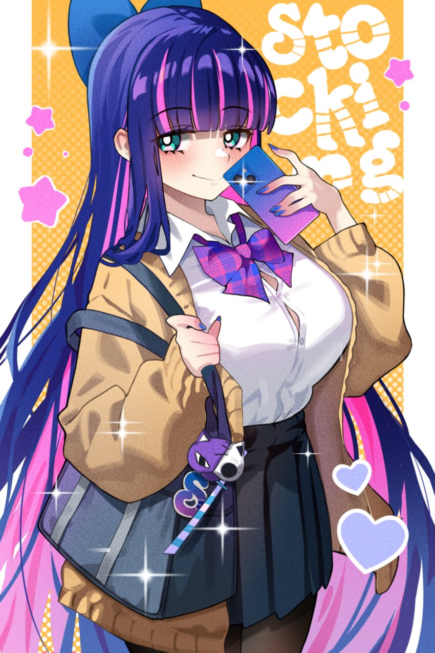 1girl absurdres bag bag_charm black_pantyhose black_skirt blue_bow blue_nails blush bow bowtie breasts bright_pupils brown_cardigan button_gap camera_flash cardigan cellphone character_charm character_name charm_(object) closed_mouth collared_shirt colored_inner_hair commentary cowboy_shot dress_shirt english_commentary film_grain fingernails green_eyes hair_bow high-waist_skirt highres holding holding_phone honekoneko_(psg) large_breasts legs_together long_fingernails long_hair long_sleeves looking_at_viewer loose_bowtie multicolored_hair nail_polish open_cardigan open_clothes outside_border panty_&amp;_stocking_with_garterbelt pantyhose phone pillarboxed pink_hair plaid_bow plaid_bowtie plaid_clothes pleated_skirt puffy_long_sleeves puffy_sleeves purple_bow purple_bowtie purple_hair sachichuu school_bag school_uniform shirt shirt_tucked_in skirt smartphone smile solo sparkle standing star_(symbol) stocking_(psg) streaked_hair taking_picture two-tone_hair very_long_hair white_pupils white_shirt