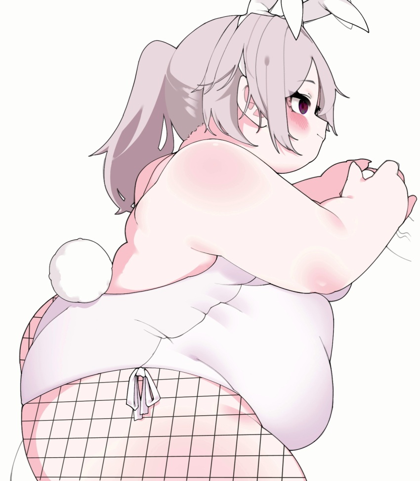 1girl animal_ear_hairband animal_ears ass backless_leotard bare_arms bare_shoulders blush breasts chile_paper closed_mouth commentary_request erection fake_animal_ears fake_tail fat fat_woman fishnet_pantyhose fishnets from_side grey_hair hairband handjob hands_up hetero highres leotard long_hair looking_ahead medium_breasts obese original pantyhose penis pink_eyes playboy_bunny ponytail profile rabbit_ear_hairband rabbit_ears rabbit_tail ribbon sidelocks simple_background smile solo_focus standing tail thick_arms thick_thighs thighs two-handed_handjob white_background white_hairband white_leotard white_ribbon white_tail