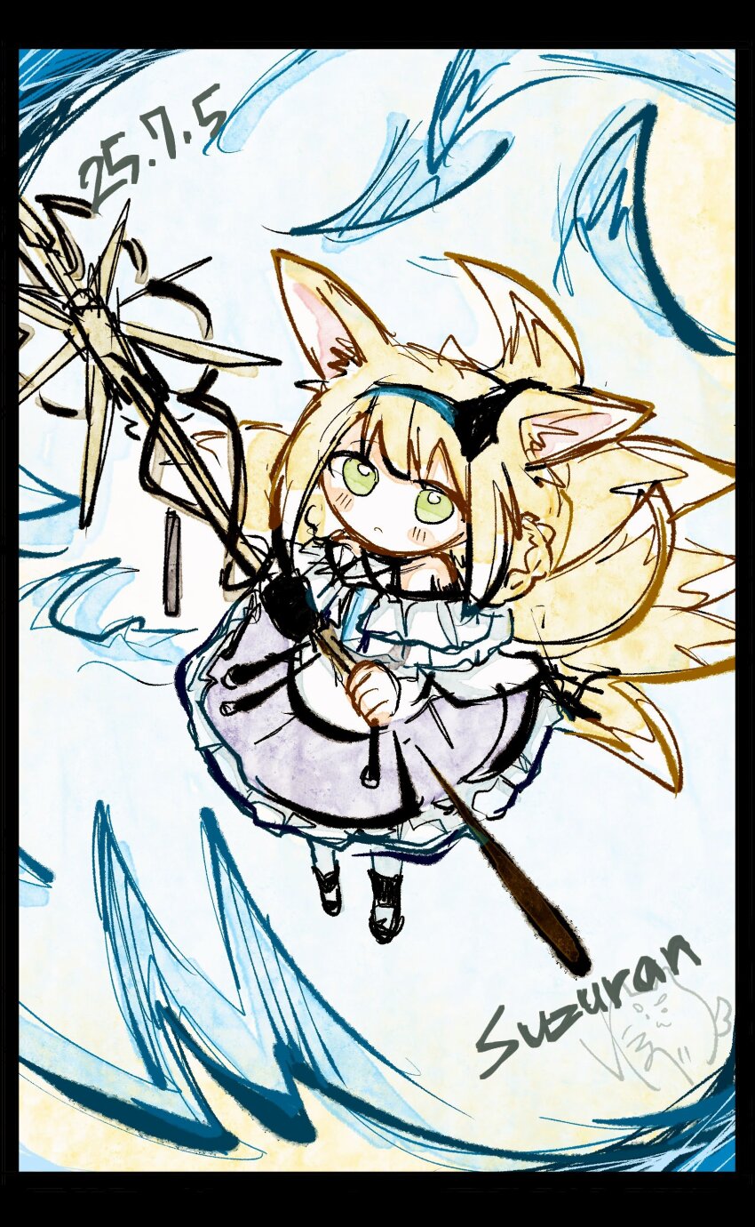 1girl absurdres animal_ears arknights blonde_hair blue_dress blue_hairband bobrice_(bobcorn) character_name closed_mouth commentary_request dated dress earpiece fox_ears fox_girl fox_tail frilled_dress frills green_eyes hairband highres holding holding_staff kitsune kyuubi multiple_tails one-hour_drawing_challenge short_hair sketch solo staff suzuran_(arknights) tail