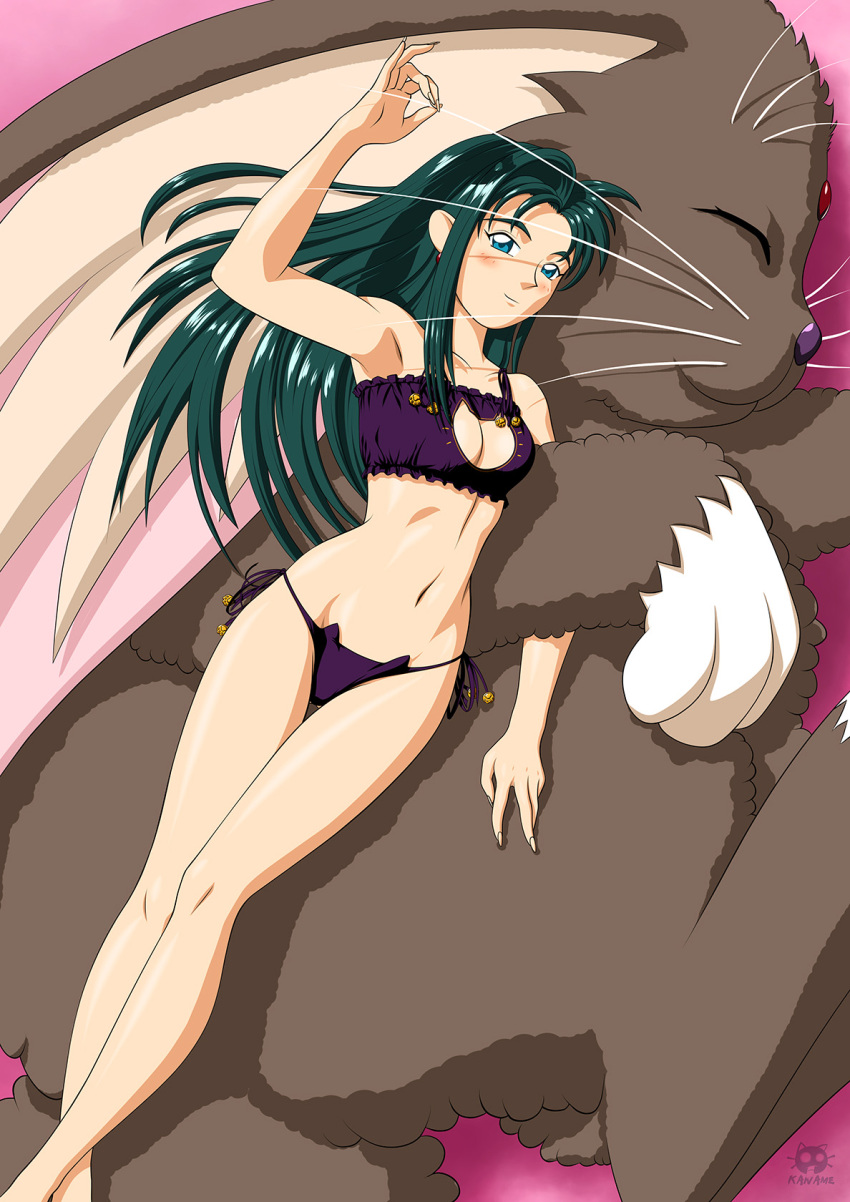 1girl animal aqua_eyes bare_shoulders bra breasts cabbit cat_cutout cat_ear_panties cat_lingerie cleavage cleavage_cutout clip_studio_paint_(medium) clothing_cutout earrings green_hair highres jewelry long_hair looking_at_viewer lying lying_on_animal makibi_kiyone medium_breasts meme_attire n.kaname navel oversized_animal panties purple_bra purple_panties ryou-ouki side-tie_panties tenchi_muyou! tenchi_muyou!_uchuu_hen underwear whiskers