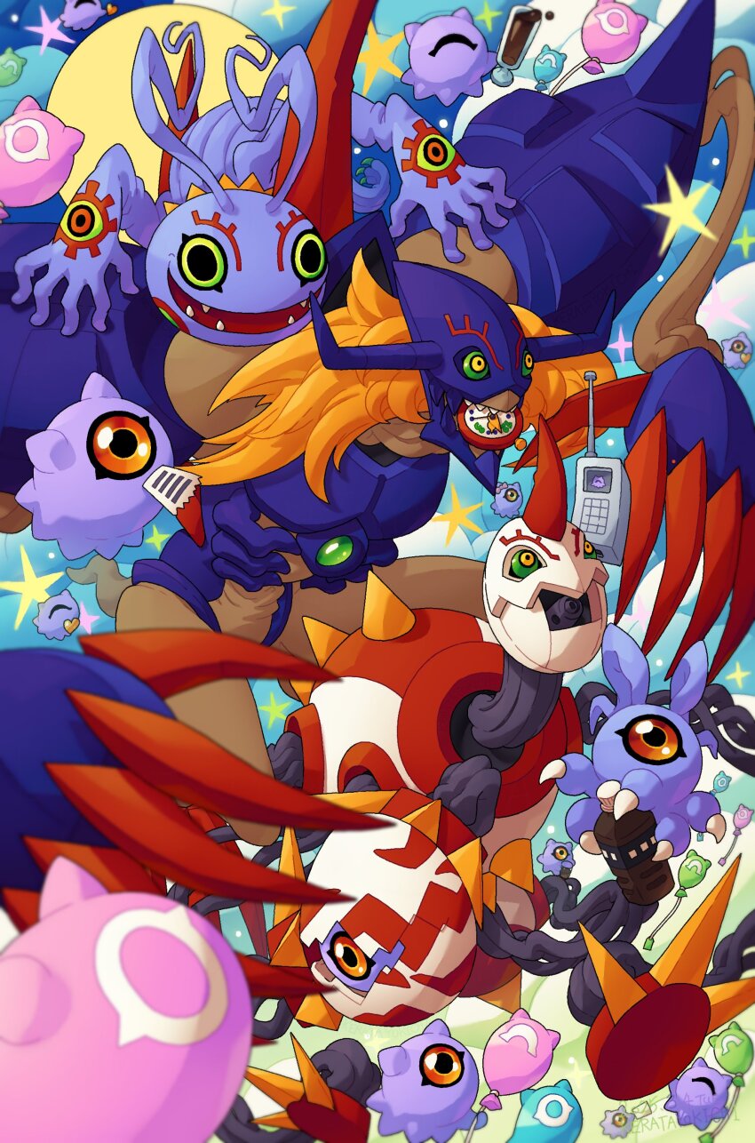 absurdres antennae armor blonde_hair claws closed_eyes colored_sclera colored_skin creature diablomon digimon digimon_(creature) evolutionary_line green_eyes green_sclera helmet highres horns infermon keramon keratayokichi kuramon long_arms monster no_humans one-eyed open_mouth purple_skin red_eyes red_horns red_sclera sharp_teeth single_horn smile spikes teeth tentacles tsumemon yellow_eyes