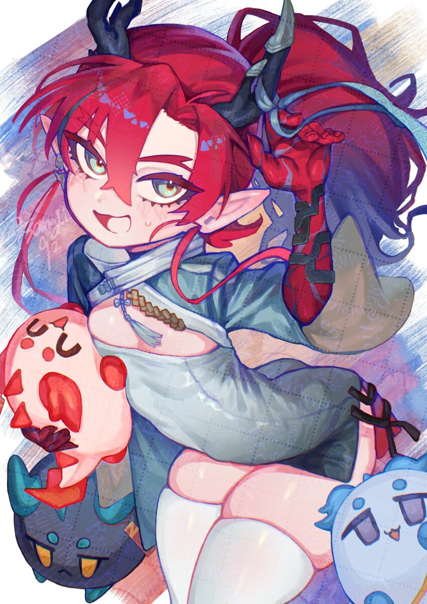 1boy absurdres arknights commentary_request dragon_boy dragon_bubble_(arknights) dragon_horns dusk_(arknights) green_eyes hair_between_eyes highres horns ling_(arknights) long_hair male_focus nian_(arknights) open_mouth pointy_ears ponytail red_hair skindentation somagi_92 thighhighs watermark watermark_grid white_thighhighs yu_(arknights)