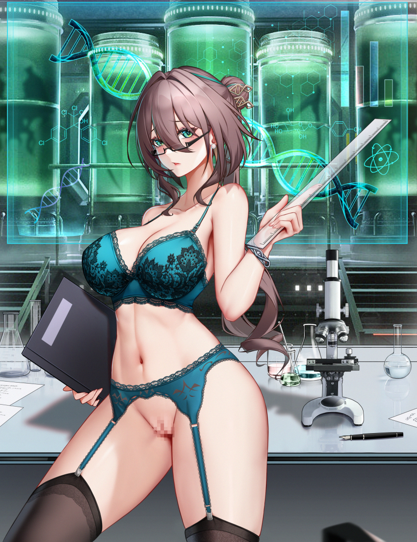 1girl absurdres aqua_bra aqua_eyes aqua_hair bra breasts brown_hair censored curvy dna erlenmeyer_flask flask garter_belt garter_straps glasses hair_between_eyes hair_bun hair_ornament highres holding holding_notebook holding_ruler holographic_monitor honkai:_star_rail honkai_(series) indoors large_breasts looking_at_viewer medium_hair microskirt mosaic_censoring multicolored_hair nib_pen_(object) notebook pen pussy round-bottom_flask ruan_mei_(honkai:_star_rail) semi-rimless_eyewear sidelocks skirt sky_wbo standing streaked_hair table teacher two-tone_hair under-rim_eyewear underwear