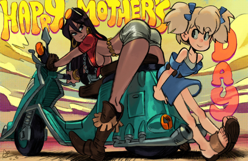 2girls alex_ahad ass bangle bent_over black_hair blonde_hair blue_dress blue_eyes blue_sky boots bracelet breasts brown_gloves commentary cowboy_boots crop_top dark-skinned_female dark_skin day dress earrings english_commentary eyewear_on_head front-tie_top full_body gloves gold_earrings hair_between_eyes hatchin_morenos hoop_earrings jewelry kneepits large_breasts long_hair michiko_malandro michiko_to_hacchin mother&#039;s_day motor_vehicle motorcycle multiple_girls off-shoulder_dress off_shoulder on_scooter orange-tinted_eyewear rimless_eyewear sandals scooter short_hair short_shorts shorts single_glove sky smile sunglasses sunset tinted_eyewear toes two_side_up underboob very_dark_skin vespa