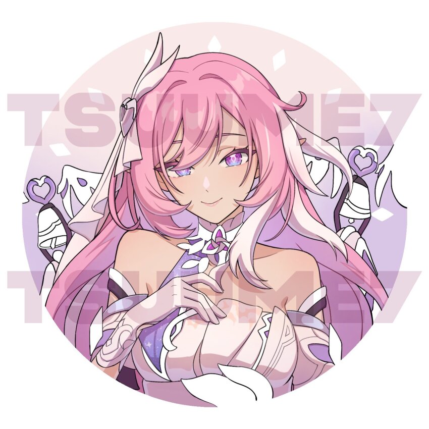 1girl artist_name bare_shoulders bell breasts commentary corset diamond-shaped_pupils diamond_(shape) elf elysia_(herrscher_of_human:_ego)_(honkai_impact) elysia_(honkai_impact) gloves highres honkai_(series) honkai_impact_3rd long_hair oval_background pink_hair pointy_ears purple_eyes smile solo symbol-only_commentary symbol-shaped_pupils triquetra tsuume upper_body watermark white_corset white_gloves