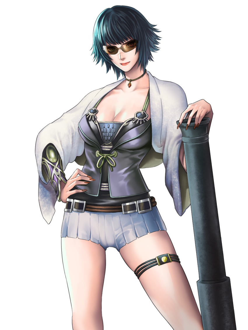 1girl adapted_costume black_hair bracer breasts brown-tinted_eyewear cannon capcom choker cleavage company_connection devil_may_cry devil_may_cry_(series) devil_may_cry_3 devil_may_cry_4 female_focus hand_on_own_hip heterochromia highres huge_weapon kato_sayaka lady_(devil_may_cry) large_breasts lipstick makeup nail_polish official_art onimusha_soul short_hair shorts simple_background smile solo sunglasses thigh_strap tinted_eyewear weapon white_background