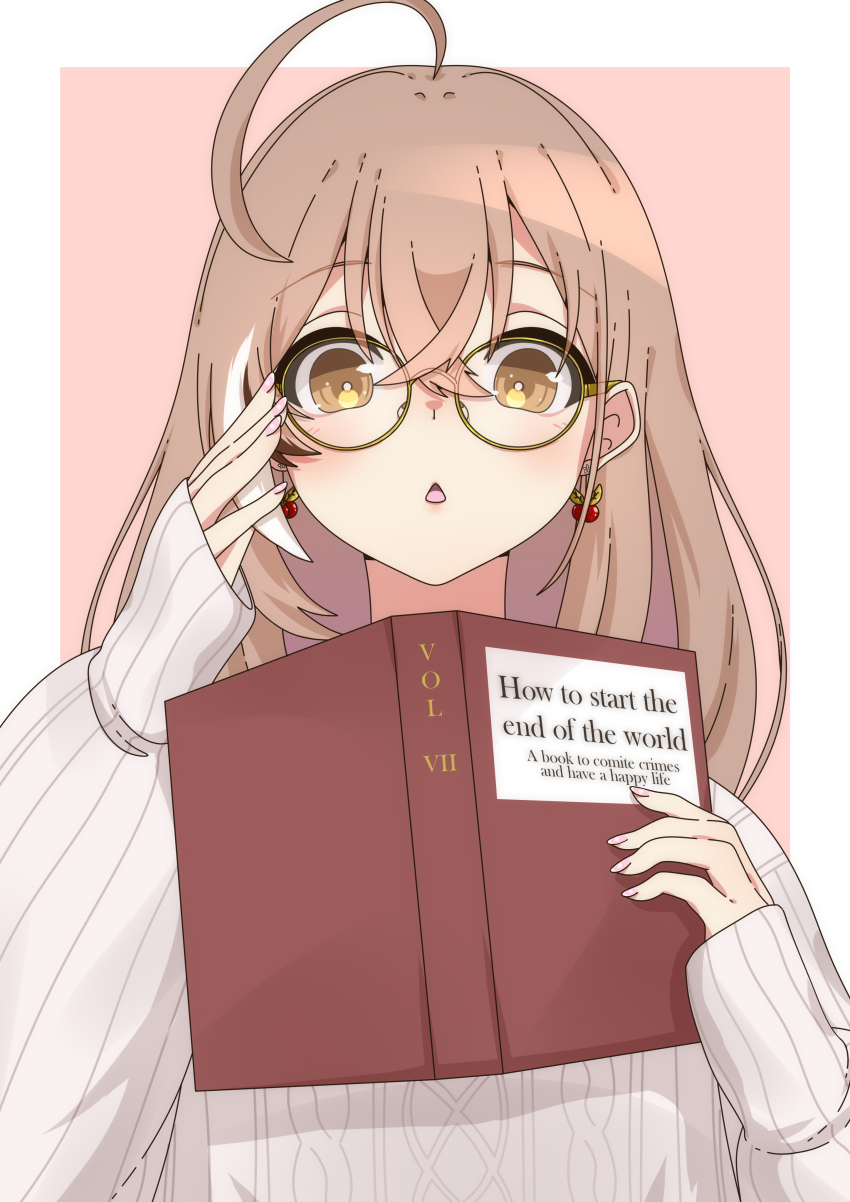 1girl absurdres adjusting_eyewear ahoge berry black_choker book brown_eyes brown_hair choker crossed_bangs earrings english_text food-themed_earrings glasses highres holding holding_book hololive hololive_english jewelry long_hair long_sleeves multicolored_hair nail_art nanashi_mumei nanashi_mumei_(casual) necklace official_alternate_costume open_mouth reading round_eyewear sayo0692 sleeves_past_wrists streaked_hair sweater triangle_mouth typo virtual_youtuber white_sweater