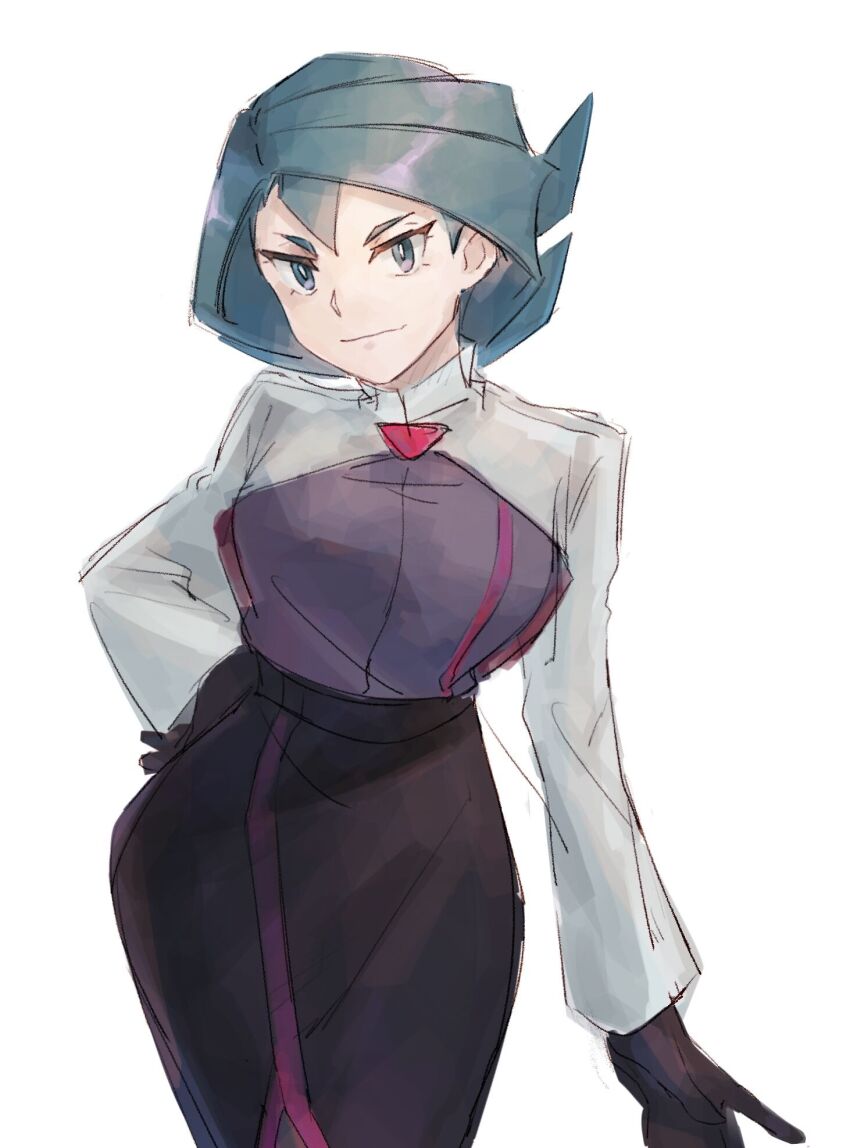 1girl black_gloves black_skirt bright_pupils closed_mouth commentary_request cropped_jacket flipped_hair gloves green_eyes green_hair high-waist_skirt highres jacket long_sleeves looking_at_viewer maxwell_yaochu nintendo onia_(pokemon) pokemon pokemon_(anime) pokemon_horizons shirt simple_background skirt smile solo white_background white_pupils