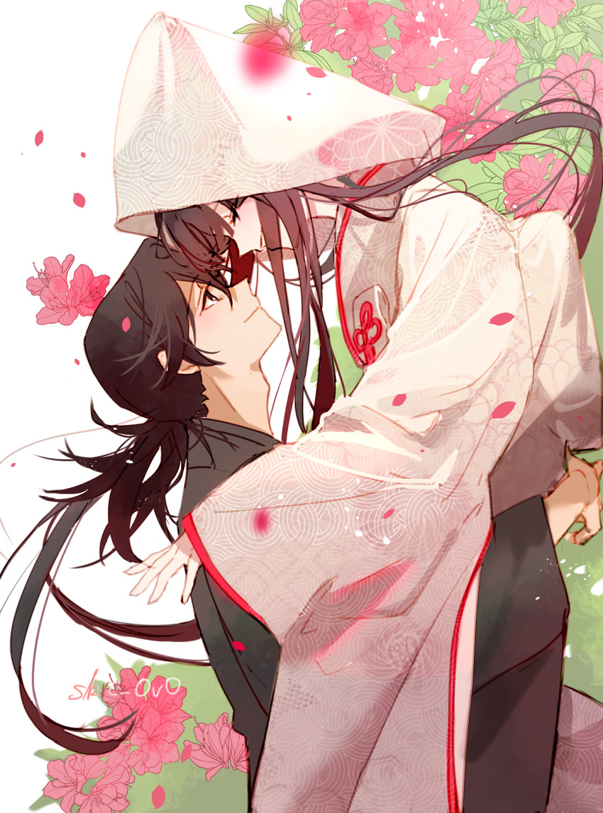 1boy 1girl azalea_(flower) black_hair closed_eyes closed_mouth commentary_request dress fate/grand_order fate_(series) flower hair_between_eyes highres jacket japanese_clothes long_hair low_ponytail oryou_(fate) oryou_(lancer)_(fate) ponytail sakamoto_ryouma_(fate) sakamoto_ryouma_(lancer)_(fate) sakuramochi1003 smile very_long_hair