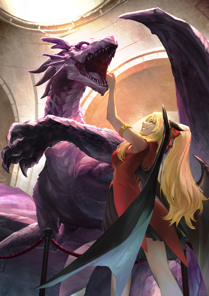 1girl absurdres arm_up armlet armpits black_skirt blonde_hair breasts dragon dragon_horns dragon_wings feet_out_of_frame grin highres horns jewelry kuro_dora long_hair medium_breasts original petrification ponytail red_shirt shirt skirt sleeveless sleeveless_shirt smile solo stanchion statue very_long_hair western_dragon wings yellow_eyes