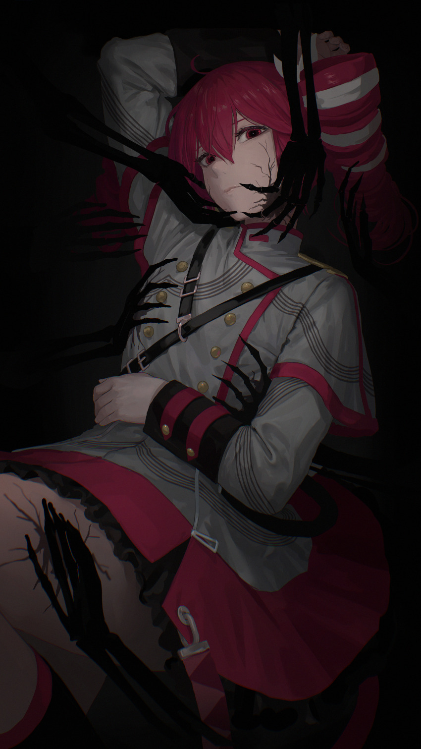1girl absurdres ahoge arm_up belt black_background black_belt black_skirt black_sleeve_cuffs bow buttons closed_mouth commentary damaged dark double-breasted drill_hair grey_jacket grey_skirt hair_between_eyes hair_bow hair_ribbon hands_on_another&#039;s_cheeks hands_on_another&#039;s_face highres horror_(theme) jacket kasane_teto kasane_teto_(sv) layered_sleeves lips long_sleeves looking_at_viewer musical_staff red_eyes red_hair red_skirt red_trim ribbon shoulder_belt shoulder_boards side_drill skirt skirt_set striped_clothes striped_jacket synthesizer_v tadanotarosuke utau white_background white_bow white_ribbon
