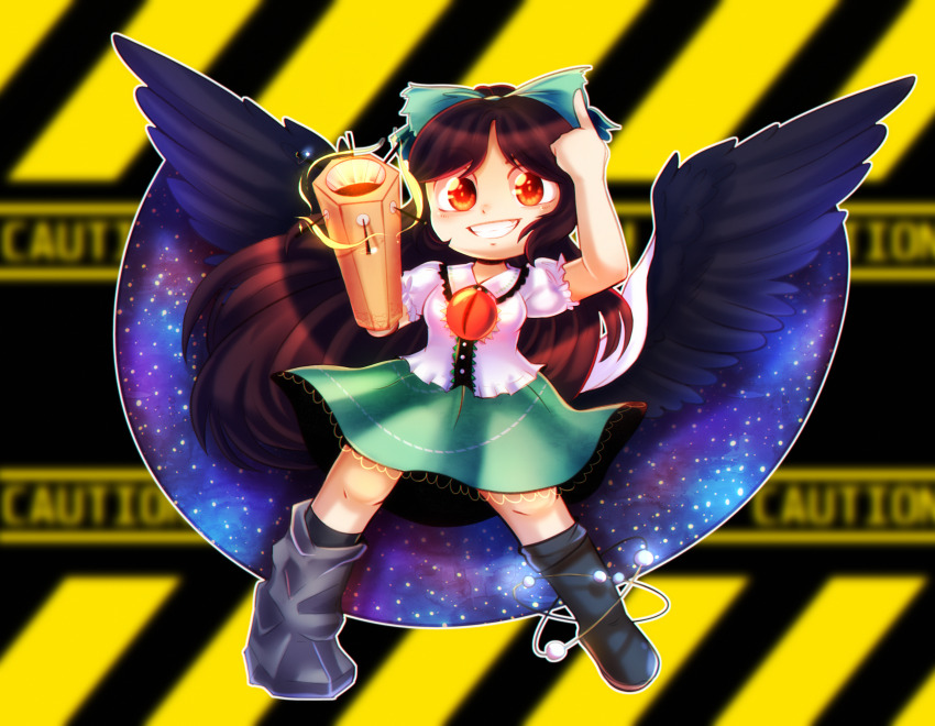 1girl absurdres arm_cannon arm_up asymmetrical_legwear black_socks blurry blurry_background bow breasts brown_hair buttons cape center_frills chibi collared_shirt dungeon_toaster english_text frilled_shirt_collar frills full_body green_bow green_skirt hair_bow highres index_finger_raised kneehighs long_hair looking_at_viewer medium_breasts open_mouth puffy_short_sleeves puffy_sleeves red_eyes reiuji_utsuho shirt short_sleeves skirt smile socks solo standing teeth third_eye_on_chest touhou very_long_hair weapon white_cape white_shirt yellow_background