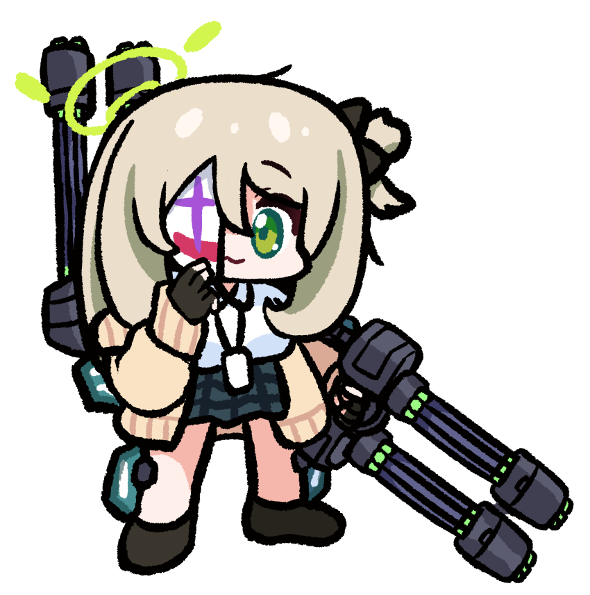 1girl :3 absurdres black_bow black_gloves black_shoes black_skirt blue_archive bow brown_cardigan cardigan chibi chibi_only closed_mouth clown_mask fingerless_gloves gatling_gun gloves green_eyes green_halo gundam gundam_heavyarms_custom gundam_wing gundam_wing:_endless_waltz hair_bow hair_bun half_mask halo highres holding holding_weapon id_card lanyard light_brown_hair long_hair looking_at_viewer mask mecha_musume nonomi_(blue_archive) one_eye_covered open_cardigan open_clothes panatisia plaid_clothes plaid_skirt school_uniform shirt shoes simple_background single_side_bun skirt smile solo standing weapon white_background white_shirt