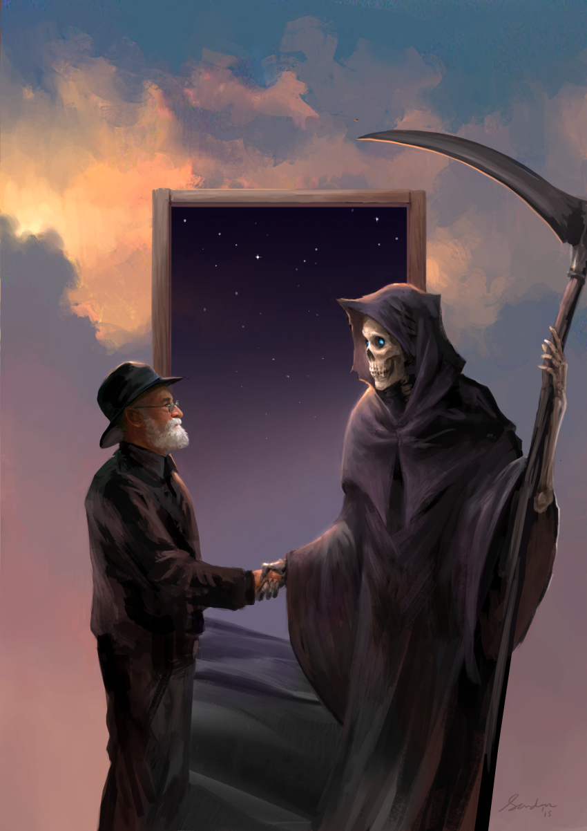 2boys absurdres beard black_robe blue_eyes cloud commentary death_(discworld) death_(entity) desert discworld door doorway english_commentary facial_hair from_side glasses handshake hat highres hood male_focus multiple_boys photoshop_(medium) revision robe sand sandara scythe signature skeleton skull sky star_(sky) star_(symbol) starry_sky terry_pratchett weapon