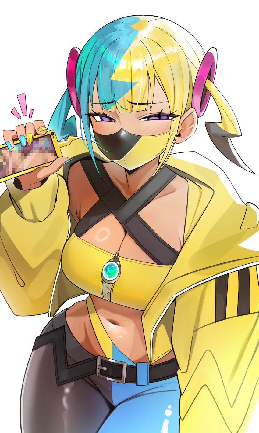 1girl absurdres ass bandeau belt black_belt black_mask black_pants blonde_hair blue_hair blue_nails blue_pants blush breasts canari_(pokemon) censored center-flap_bangs collarbone criss-cross_halter gen_4_pokemon hair_ornament halterneck highres holding holding_phone jacket kiritzugu mask mega_stone midriff mosaic_censoring mouth_mask multicolored_hair navel nintendo pants phone pokemon pokemon_legends:_z-a purple_eyes rotom rotom_phone short_twintails squinting twintails two-tone_hair two-tone_mask white_background yellow_bandeau yellow_jacket yellow_mask yellow_nails zipper_pull_tab