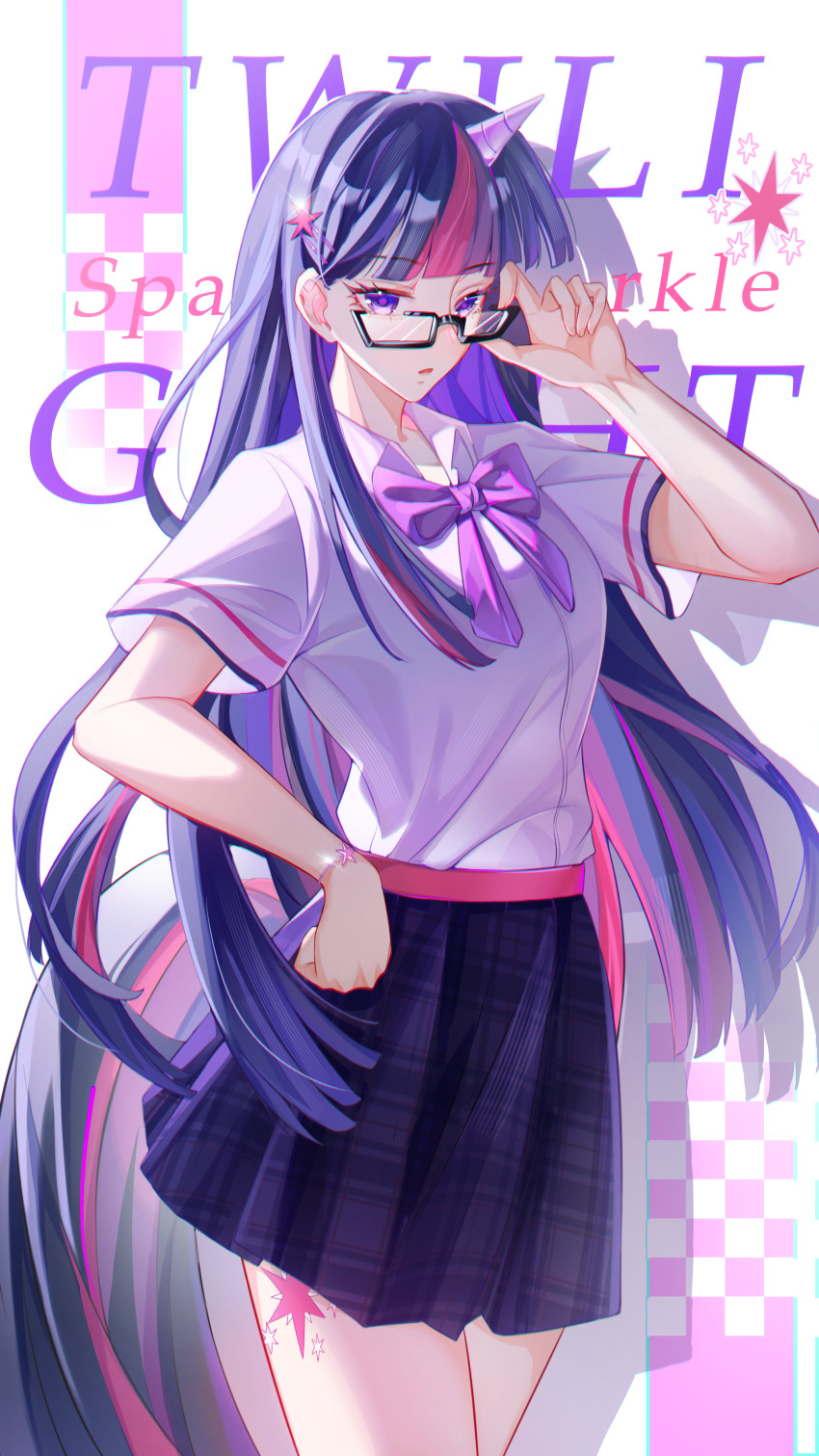 1girl absurdres bow bowtie character_name glasses hair_between_eyes hair_ornament hairclip highres leg_tattoo long_hair looking_at_viewer multicolored_hair my_little_pony my_little_pony:_friendship_is_magic open_mouth personification pink_hair purple_bow purple_bowtie purple_eyes purple_hair purple_skirt school_uniform shenjudongmandabanban shirt short_sleeves skirt solo tattoo twilight_sparkle twilight_sparkle_(human) unicorn very_long_hair white_shirt