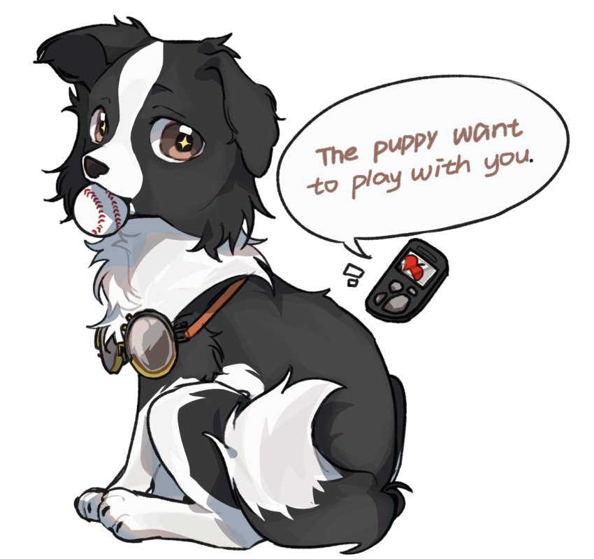 +_+ animal_focus ball baseball_(object) border_collie device dog english_text from_side full_body goggles goggles_around_neck holding holding_ball looking_at_viewer mouth_hold no_humans pickles_(reverse:1999) reverse:1999 sitting speech_bubble white_background yi_ke_xuesongshu