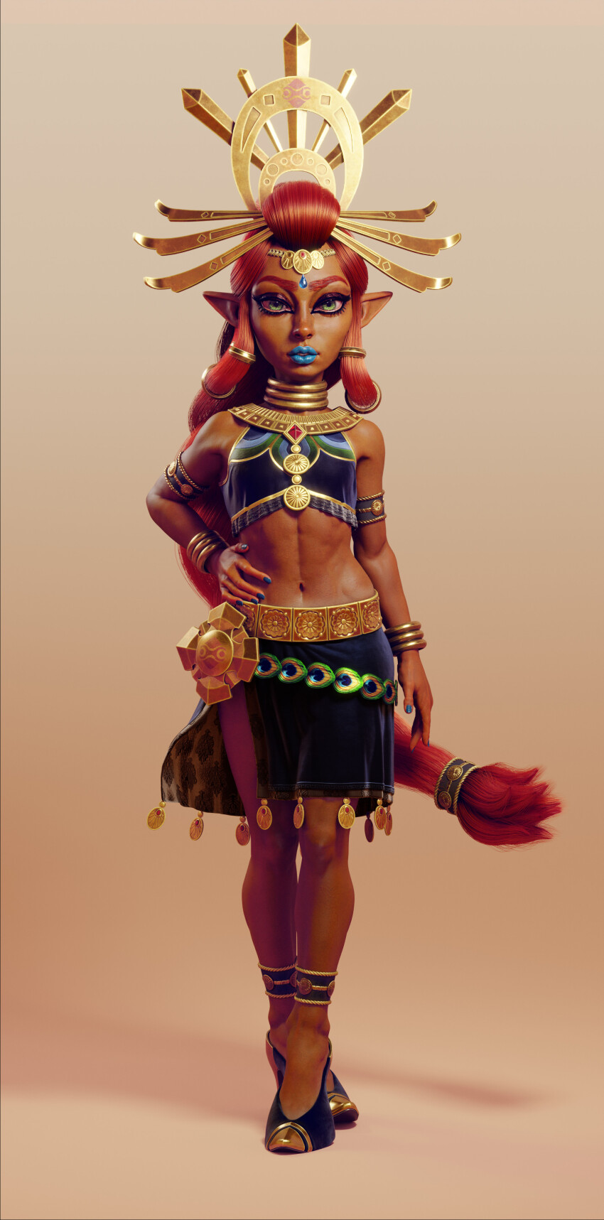 1girl 3d absurdres anklet armlet blender_(medium) blue_lips blue_nails braid braided_ponytail crop_top dark_skin eyeliner eyeshadow full_body gerudo green_eyes hair_pulled_back hair_rings headpiece high_heels highres jewelry long_hair makeup neck_ring nintendo ponytail realistic red_hair riju simple_background single_braid skirt sleeveless solo standing the_legend_of_zelda the_legend_of_zelda:_breath_of_the_wild very_long_hair yianni_papazis zbrush_(medium)