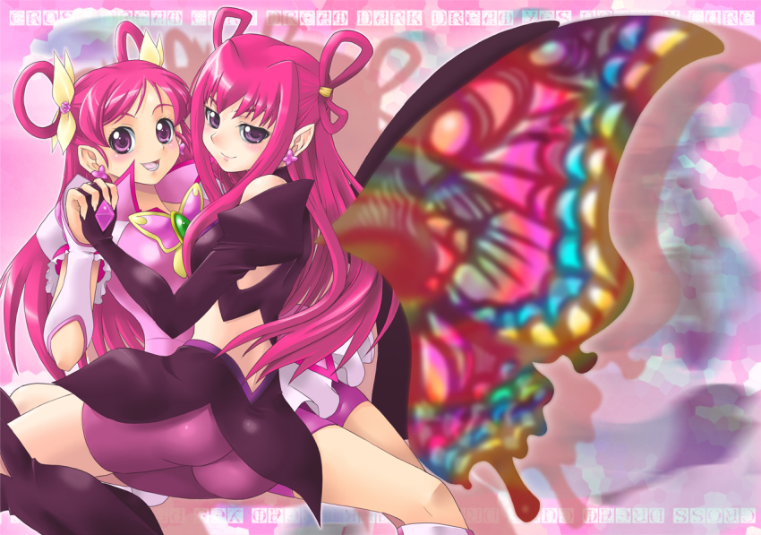 00s 2girls bike_shorts blush boots brooch bug butterfly butterfly_wings cure_dream dark_cure_(yes!_precure_5) dark_dream earrings eyelashes gloves hair_ribbon hair_rings holding_hands insect insect_wings jewelry long_hair magical_girl multicolored_wings multiple_girls pink_hair pink_shorts pointy_ears precure purple_eyes ribbon shorts smile thighhighs wings yaso_shigeru yes!_precure_5 yumehara_nozomi