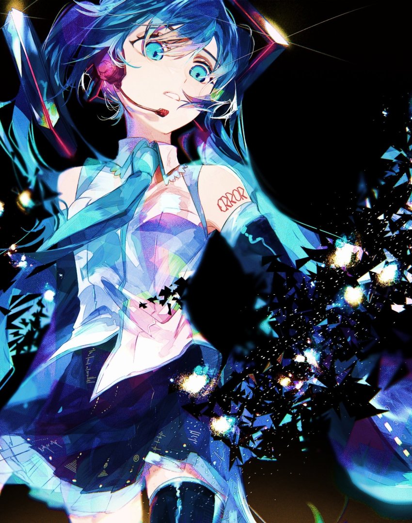1girl armpit_crease bare_shoulders black_background black_skirt black_thighhighs blue_eyes blue_necktie blue_theme breasts collared_shirt colorful dark_background darkness detached_sleeves dissolving english_text expressionless eyelashes facing_away floating_hair glint glowing hatsune_miku hatsune_miku_no_shoushitsu_(vocaloid) headset highres karanagare light_particles long_hair looking_afar necktie parted_lips pleated_skirt shirt shoulder_tattoo simple_background skirt sleeveless sleeveless_shirt small_breasts solo tareme tattoo thighhighs twintails vocaloid white_shirt zettai_ryouiki