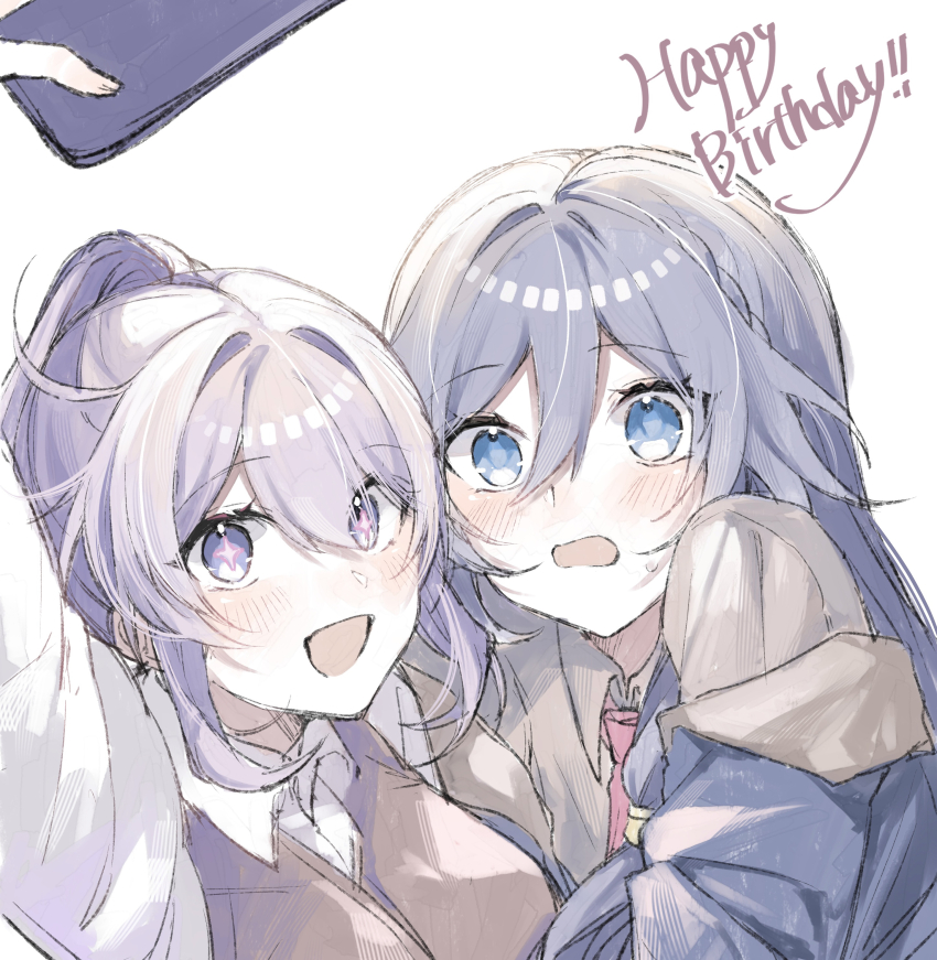 2girls absurdres alternate_costume black_shirt blue_eyes blue_hair blue_jacket blush cellphone commentary_request diamond-shaped_pupils diamond_(shape) fu_hua grey_hair hair_between_eyes happy happy_birthday high_ponytail highres holding holding_phone honkai_(series) honkai_impact_3rd jacket kiana_kaslana kiana_kaslana_(herrscher_of_finality) long_hair long_sleeves looking_at_phone multiple_girls necktie off_shoulder open_clothes open_jacket open_mouth phone pink_necktie pink_pupils ponytail rino_ebe selfie shirt sleeveless sleeveless_shirt smartphone star-shaped_pupils star_(symbol) symbol-shaped_pupils white_hair white_shirt white_sleeves yuri
