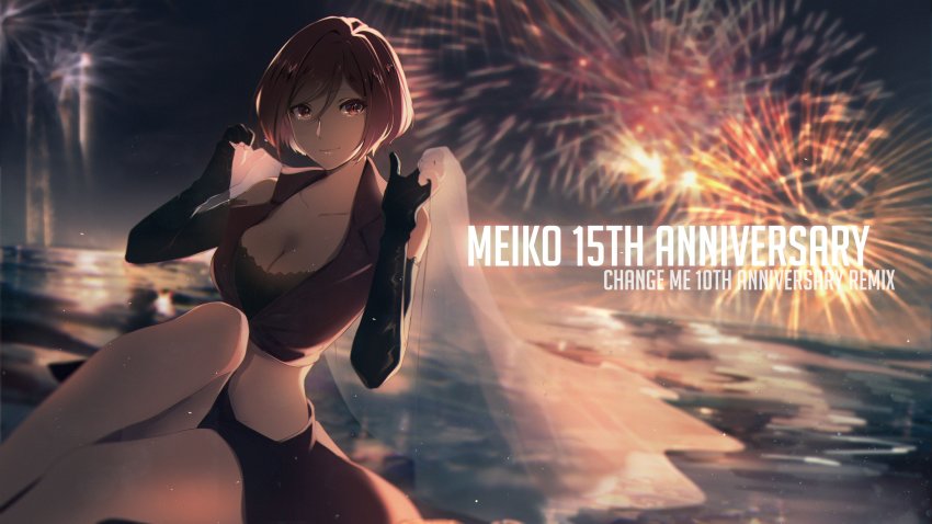 1girl absurdres aerial_fireworks anniversary backlighting bad_id bad_link bad_twitter_id bare_shoulders black_gloves blurry blurry_background breasts brown_hair change_me_(vocaloid) closed_mouth crop_top dutch_angle elbow_gloves female_focus fireworks gloves hair_between_eyes highres holding knee_up lace_trim looking_at_viewer medium_breasts meiko_(vocaloid) miniskirt night night_sky red_eyes see-through_clothes shawl short_hair sitting skirt sky sleeveless smile solo song_name vocaloid yen-mi