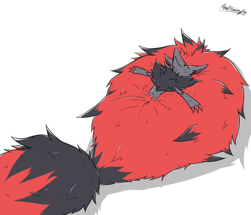 black_fur black_hair body_fur claws closed_mouth fluffy game_freak gen_5_pokemon highres long_hair multicolored_hair nintendo pokemon pokemon_(creature) red_hair redfloofzoroark simple_background smile two-tone_hair very_long_hair zoroark
