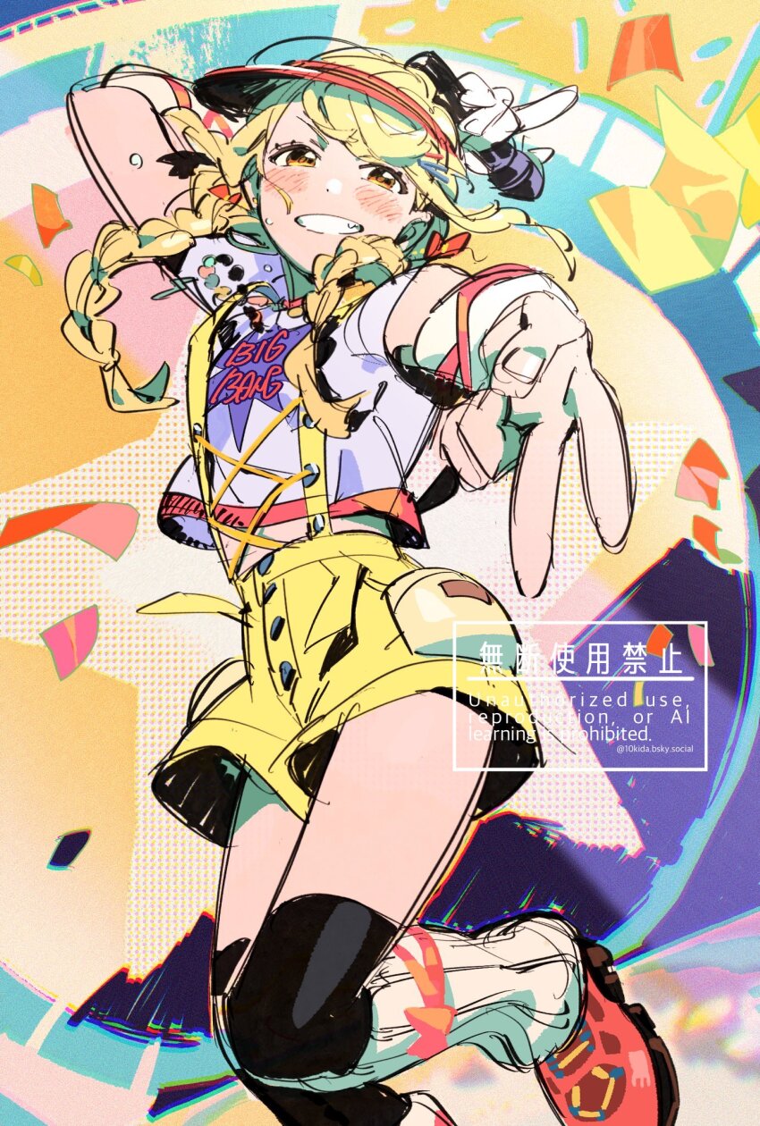 1girl 1kiyota0 black_thighhighs blonde_hair bluesky_username braid clothes_writing commentary confetti detached_sleeves english_text fujita_kotone gakuen_idolmaster grin highres holding holding_microphone idol idolmaster jumping leg_warmers microphone midriff_peek over-kneehighs pink_shoes shirt shoes short_sleeves shorts smile solo suspender_shorts suspenders thighhighs twin_braids v visor_cap watermark white_leg_warmers white_shirt yellow_big_bang!_(idolmaster) yellow_shorts
