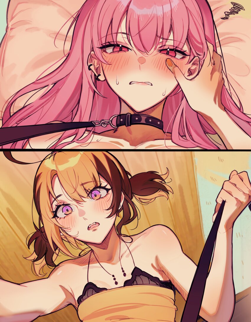 2girls absurdres amlichan blonde_hair blush breasts brown_hair collar commentary english_commentary gigi_murin hand_on_another&#039;s_face highres holding holding_leash hololive hololive_english instant_loss leash long_hair lying mori_calliope multicolored_hair multiple_girls on_back open_mouth pink_eyes pink_hair small_breasts squiggle sweat twintails two-tone_hair virtual_youtuber yuri