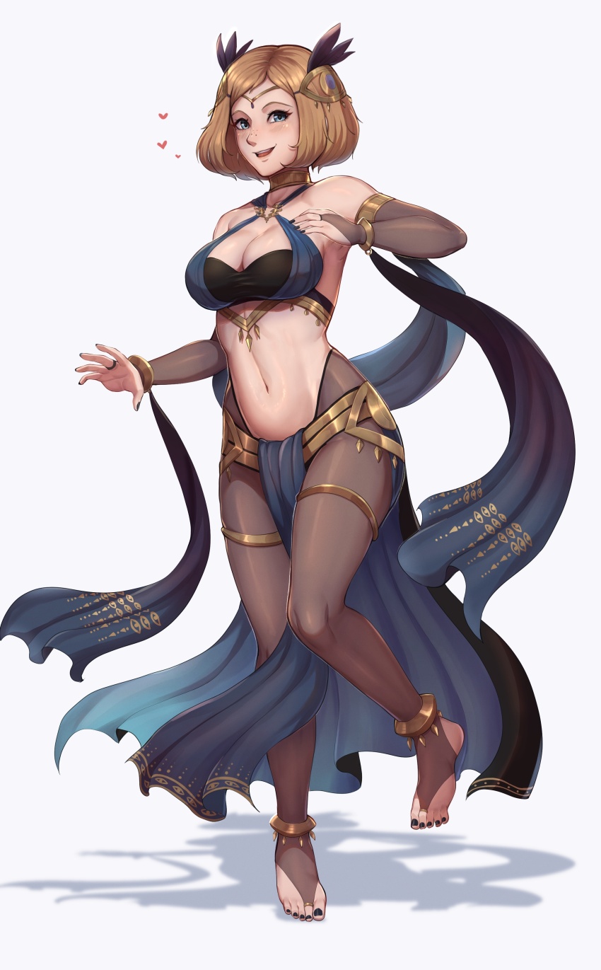 1girl absurdres alternate_costume barefoot black_nails blue_eyes blue_ribbon bracelet breasts brown_hair cosplay dancer dorothea_arnault dorothea_arnault_(cosplay) dorothea_arnault_(plegian) dorothea_arnault_(plegian)_(cosplay) evomanaphy eyelashes eyes_of_grima feather_hair_ornament feathers fire_emblem fire_emblem_heroes freckles full_body gold_bracelet gold_necklace gold_trim hair_ornament highres jewelry female_kiran_(fire_emblem) kiran_(fire_emblem) large_breasts looking_at_viewer medium_hair nail_polish navel necklace nintendo pantyhose ribbon simple_background smile toenail_polish toenails