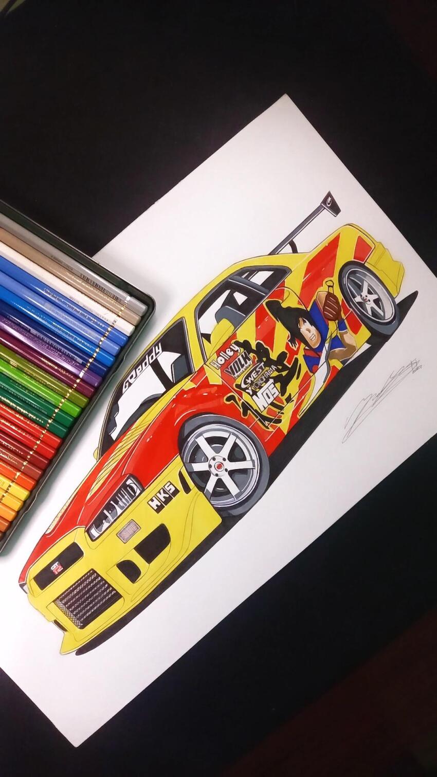 art_tools_in_frame car colored_pencil colored_pencil_(medium) highres hks itasha luka_milic motor_vehicle nissan_skyline nissan_skyline_gt-r nissan_skyline_r34 no_humans pencil photo_(medium) signature spoiler_(automobile) sponsor sports_car street_racing_syndicate traditional_media vehicle_focus white_background