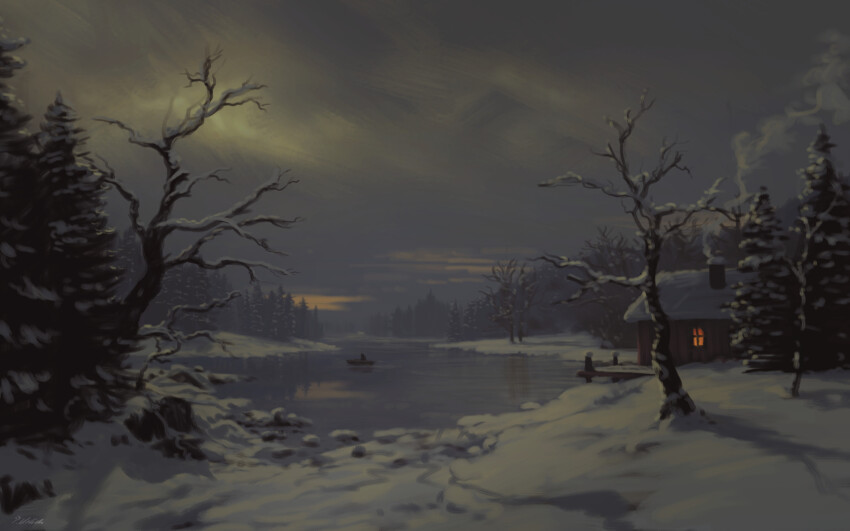 absurdres bare_tree chimney commentary english_commentary highres house no_humans original outdoors overcast philipp_urlich river scenery sky snow tree window winter