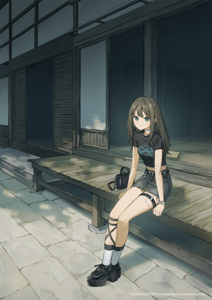 1girl arm_support belt black_bag black_belt black_shirt black_shoes black_skirt brown_hair choker closed_mouth commentary_request copyright_name copyright_notice day denim denim_skirt fragments_of_the_idolmaster_cinderella_girls full_body green_eyes highres house idolmaster idolmaster_cinderella_girls long_hair looking_at_viewer midriff official_art outdoors porch real_world_location sako_(35s_00) shibuya_rin shirt shoes short_sleeves sitting skirt smile socks solo stone_walkway t-shirt thigh_strap white_socks