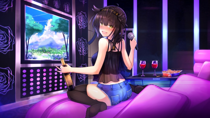 10s 1girl :d ahoge bare_shoulders black_hair black_thighhighs blunt_bangs blush bottle breasts clothes_writing commission cup drinking_glass drunk female_focus food french_fries full-face_blush glint hair_flaps hatsuzuki_(kancolle) indoors kantai_collection karaoke karaoke_box looking_back medium_breasts microphone open_mouth pillow pocket rizihike short_shorts shorts sitting smile solo strapless thighhighs wariza wine_bottle wine_glass yellow_eyes