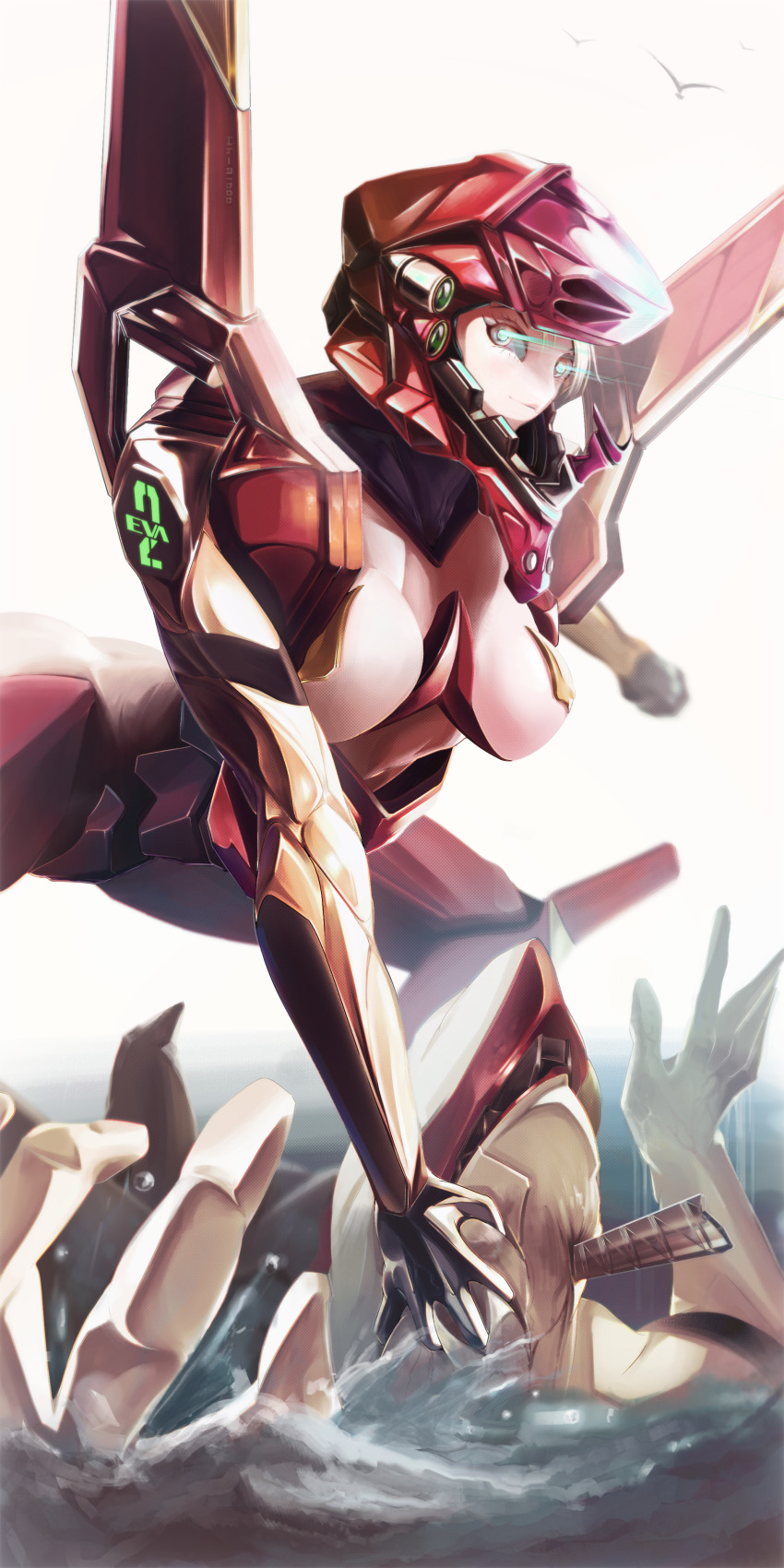 absurdres armor blonde_hair breasts cosplay eva_02 green_eyes highres light_smile mass_production_eva mecha_musume medium_breasts monster neon_genesis_evangelion ocean pasties souryuu_asuka_langley the_end_of_evangelion vuqozu