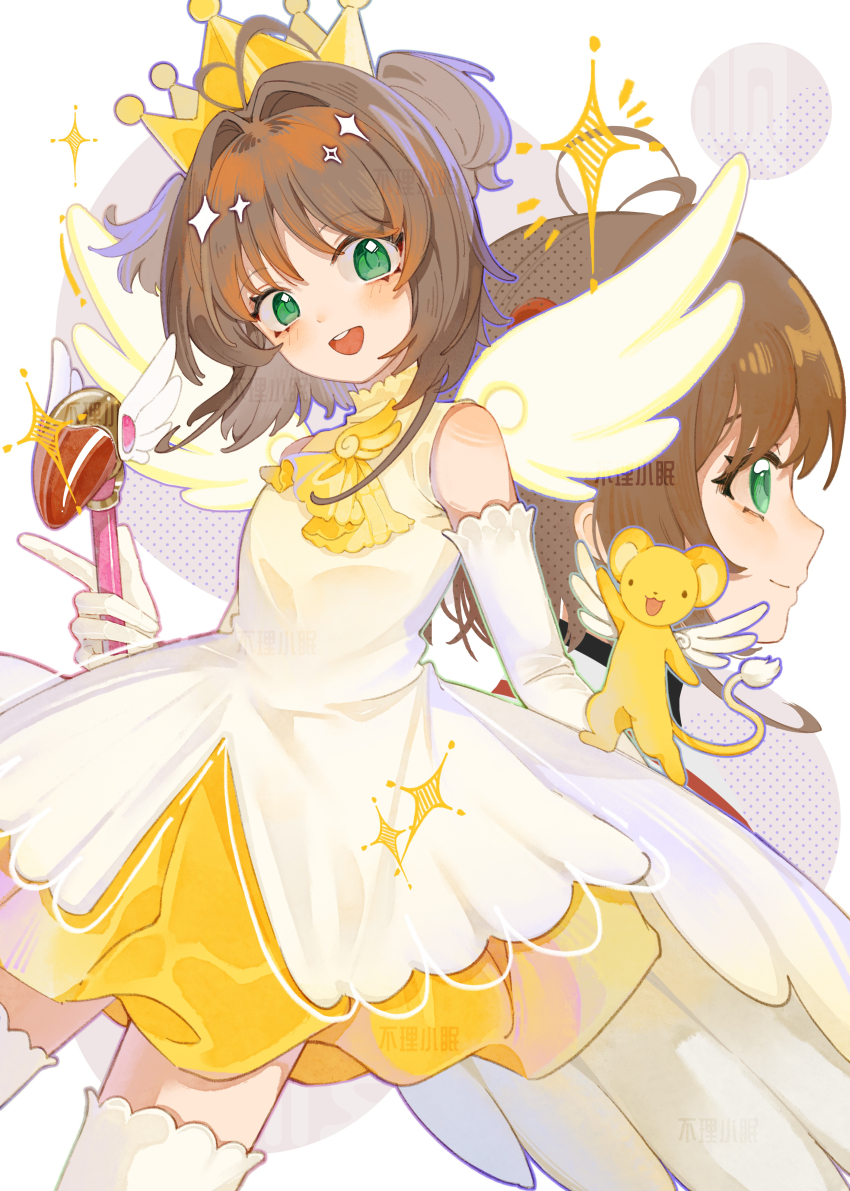 absurdres bare_shoulders brown_hair bu_li_xiaomian cardcaptor_sakura commentary dress elbow_gloves english_commentary fuuin_no_tsue gloves green_eyes highres holding holding_staff kero_(cardcaptor_sakura) kinomoto_sakura kinomoto_sakura_(miraculous_sakura) looking_at_viewer magical_girl multiple_views neckerchief open_mouth pointed_crown profile short_hair sleeveless sleeveless_dress staff teeth upper_teeth_only white_gloves wings yellow_dress yellow_neckerchief